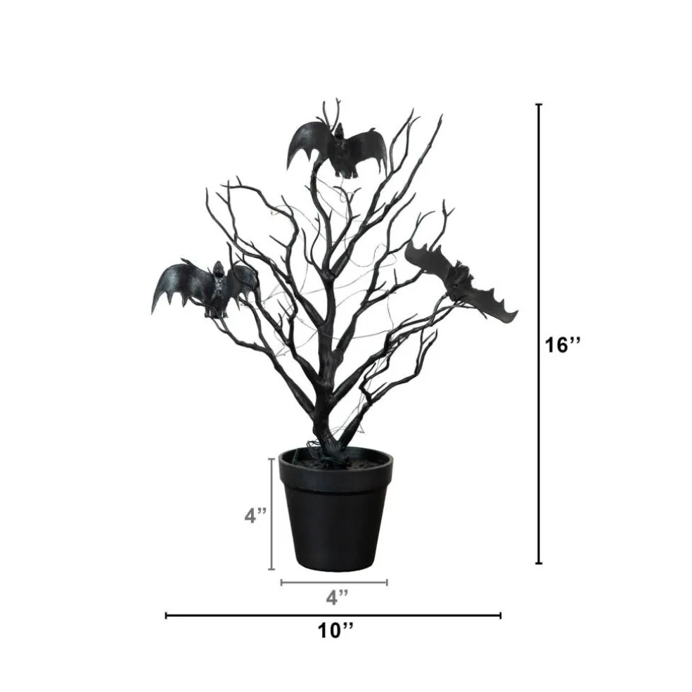 16" Pre-Lit Artificial Halloween Black Spooky Twig Tree with Bats and 20 Orange & Purple LED Lights