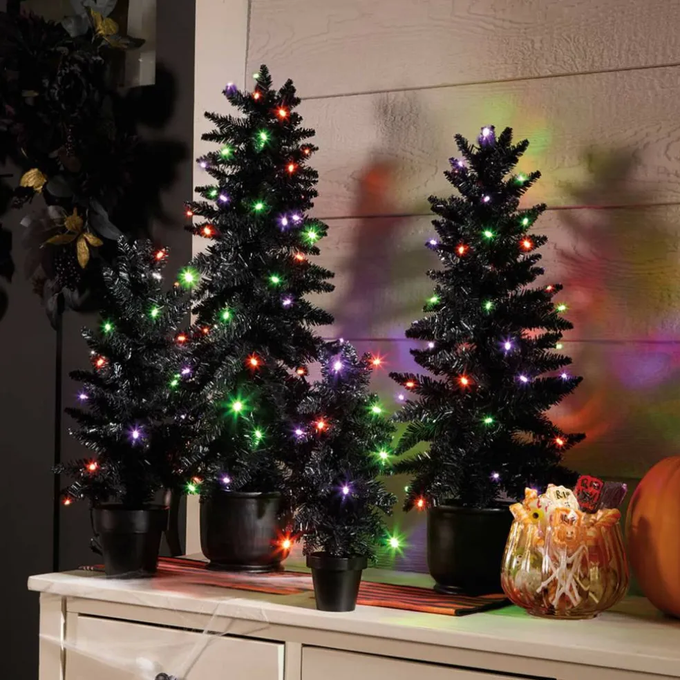 Pre-Lit Black Potted Tinsel Tree, Color Changing LED Lights by Ashland®