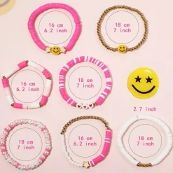 Preppy Bracelets Set Colorful White Gold Smile Heart Star Polymer Beaded Pearl Clay Stackable Charm Y2K Kidcore Aesthetic Summer Beach Bohemian Stretch Layering Bracelets Jewelry for Girls Women Teens (Pink)