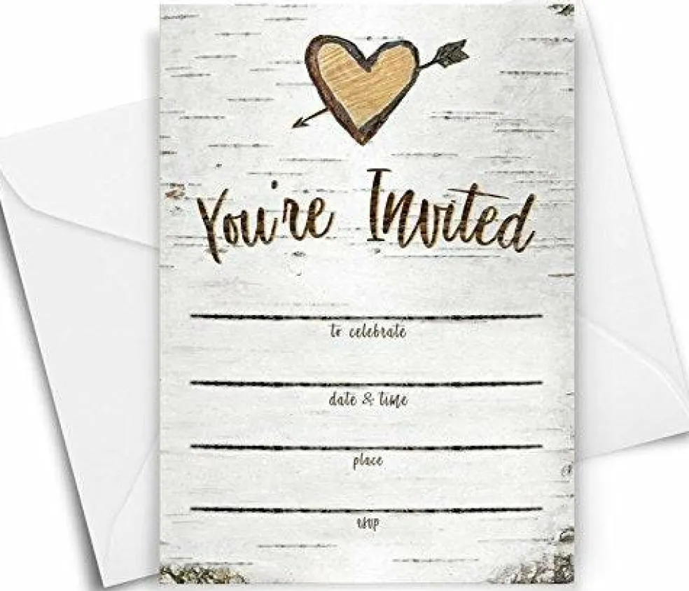 Printed Party Fill-in Invitations and Envelopes, Rustic Birch, Set of 25