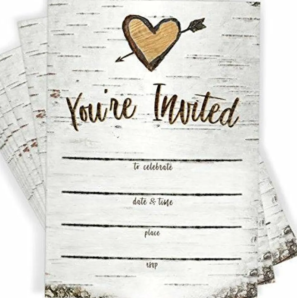 Printed Party Fill-in Invitations and Envelopes, Rustic Birch, Set of 25