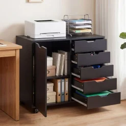 Printer Stand with 5 Drawers and Cabinet, Mobile Office Storage Cabinet with Adjustable Shelf, Rolling File Organizer with Locking Casters for Home Office