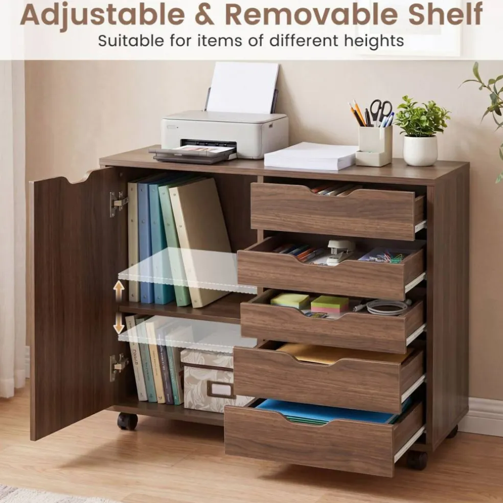 Printer Stand with 5 Drawers and Cabinet, Mobile Office Storage Cabinet with Adjustable Shelf, Rolling File Organizer with Locking Casters for Home Office