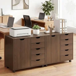 Printer Stand with 5 Drawers and Cabinet, Mobile Office Storage Cabinet with Adjustable Shelf, Rolling File Organizer with Locking Casters for Home Office