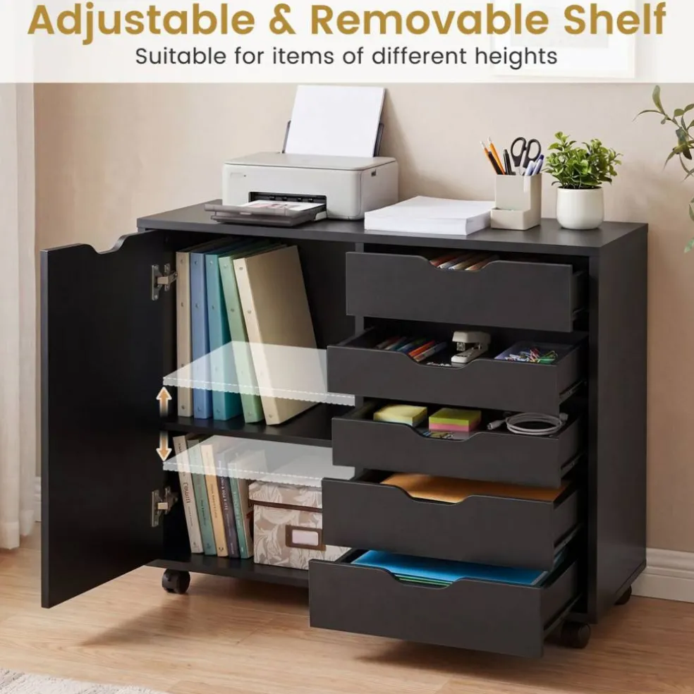Printer Stand with 5 Drawers and Cabinet, Mobile Office Storage Cabinet with Adjustable Shelf, Rolling File Organizer with Locking Casters for Home Office