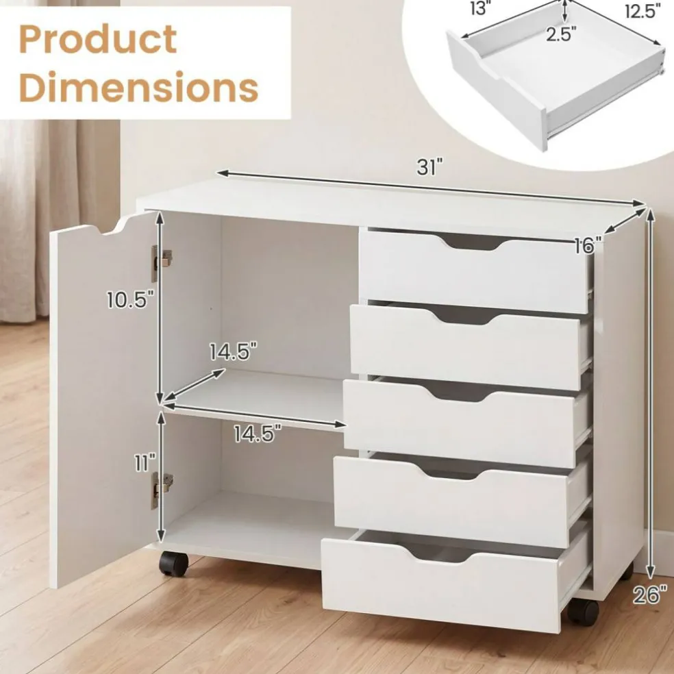 Printer Stand with 5 Drawers and Cabinet, Mobile Office Storage Cabinet with Adjustable Shelf, Rolling File Organizer with Locking Casters for Home Office