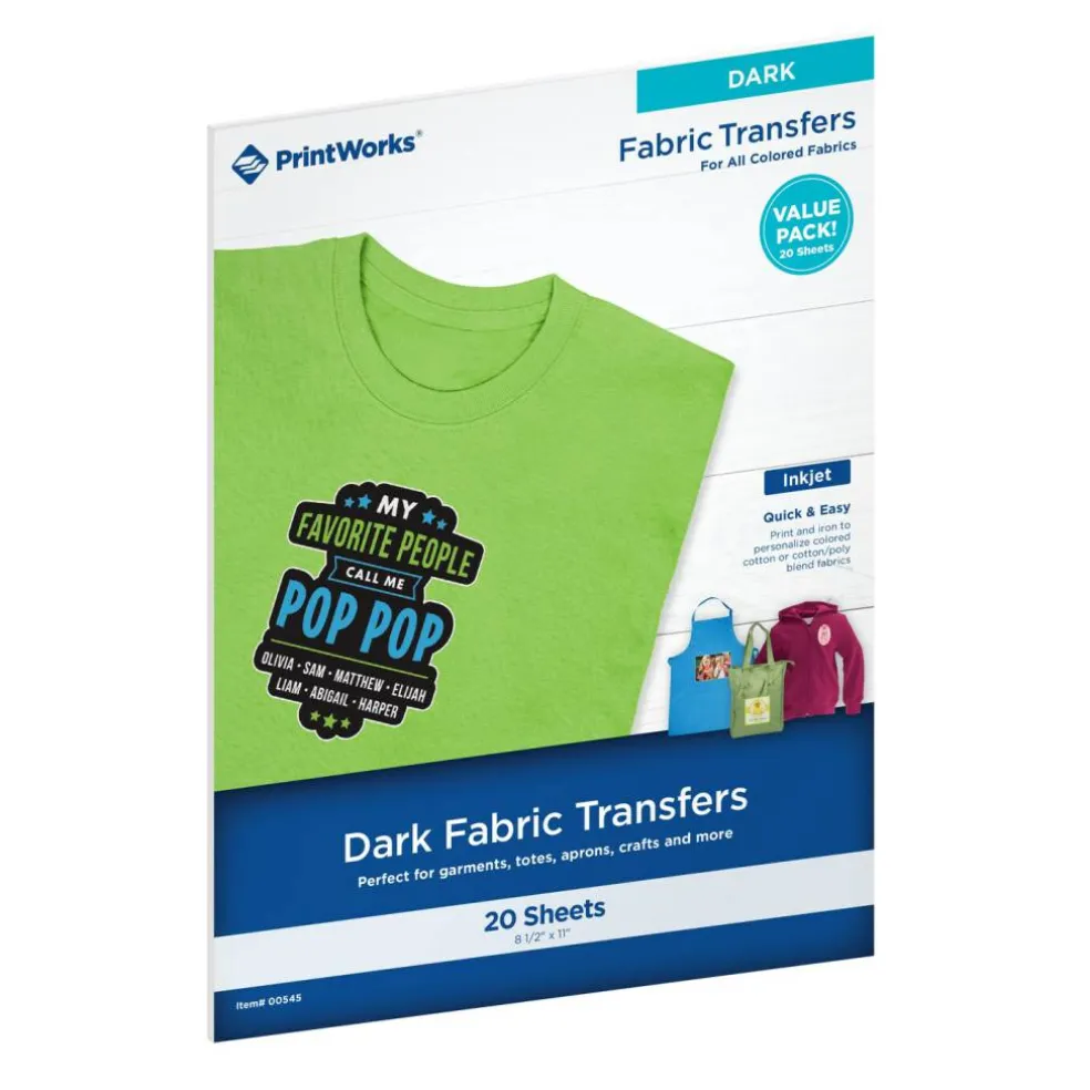 Printworks Dark T-Shirt Transfers for Inkjet Printers, 20 Sheets, 8 ½” x 11” (00545-1)