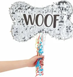 Pull String Dog Bone Pinata for Puppy Birthday Party Decorations, Silver Foil (Small, 16.8 x 10 x 3 In)