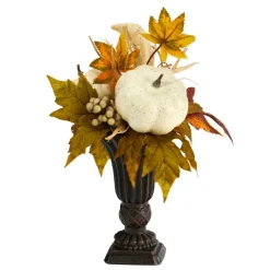 13" Pumpkin And Berries Autumn Arrangement In Decorative Urn
