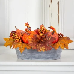 12" Pumpkin & Berries Autumn Harvest Arrangement In Washed Vase