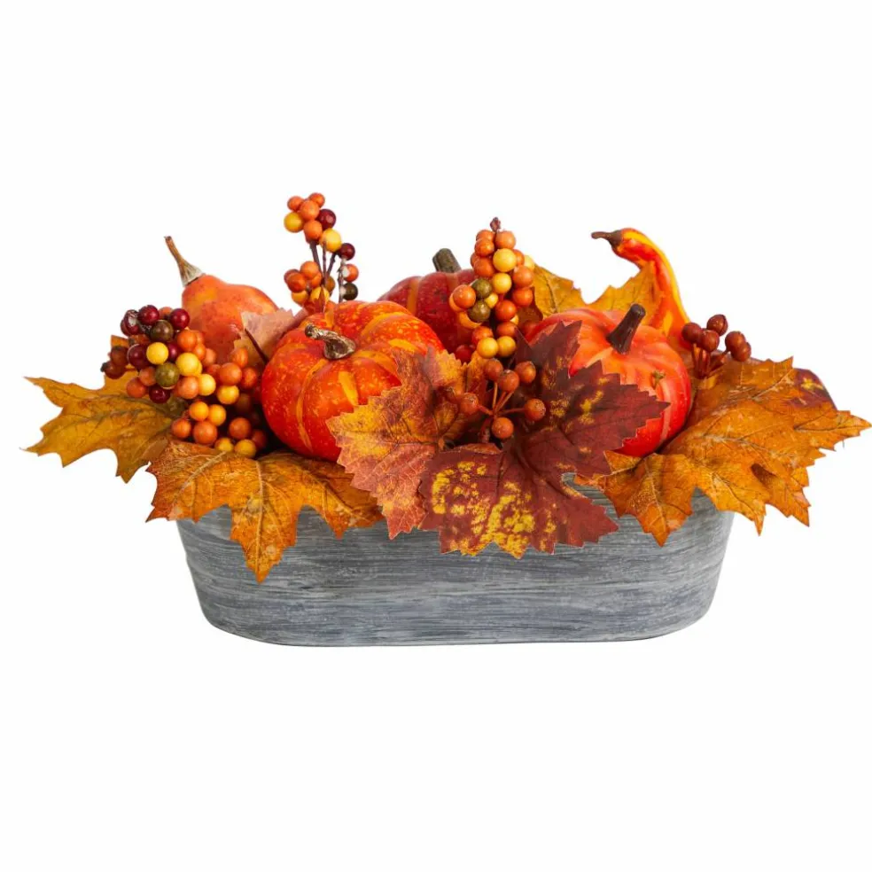 12" Pumpkin & Berries Autumn Harvest Arrangement In Washed Vase