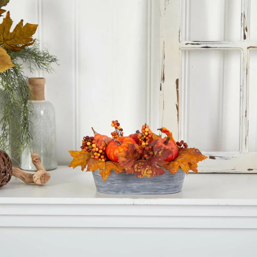 12" Pumpkin & Berries Autumn Harvest Arrangement In Washed Vase