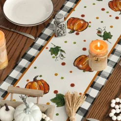 Pumpkin Bow Buffalo Plaid Fall Table Runner,Seasonal Autumn Kitchen Dining Table Decoration for Home Party Decor 13x72 Inch
