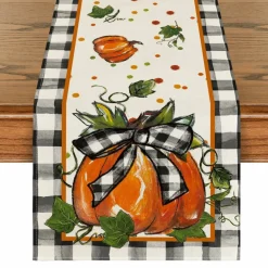 Pumpkin Bow Buffalo Plaid Fall Table Runner,Seasonal Autumn Kitchen Dining Table Decoration for Home Party Decor 13x72 Inch