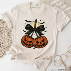 Pumpkin Cherries Coquette Bow T-Shirt, Retro Halloween Fall Season Tee for Sweet Autumn Girls