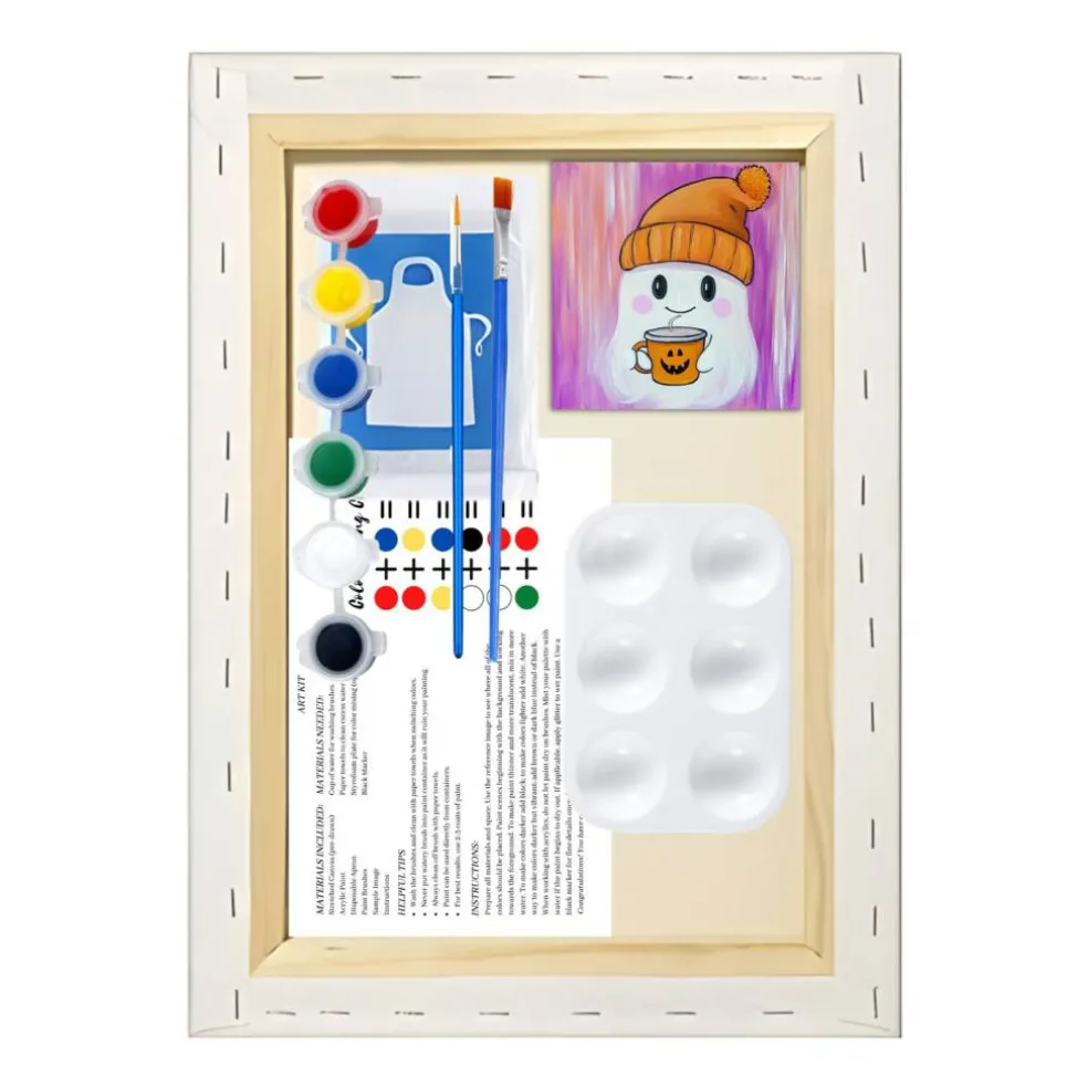 "Pumpkin Cup Ghost" DIY Canvas Art Kit, Adult Beginner, Acrylic Paint Size 11x14 inch