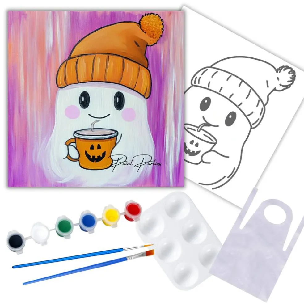 "Pumpkin Cup Ghost" DIY Canvas Art Kit, Adult Beginner, Acrylic Paint Size 11x14 inch