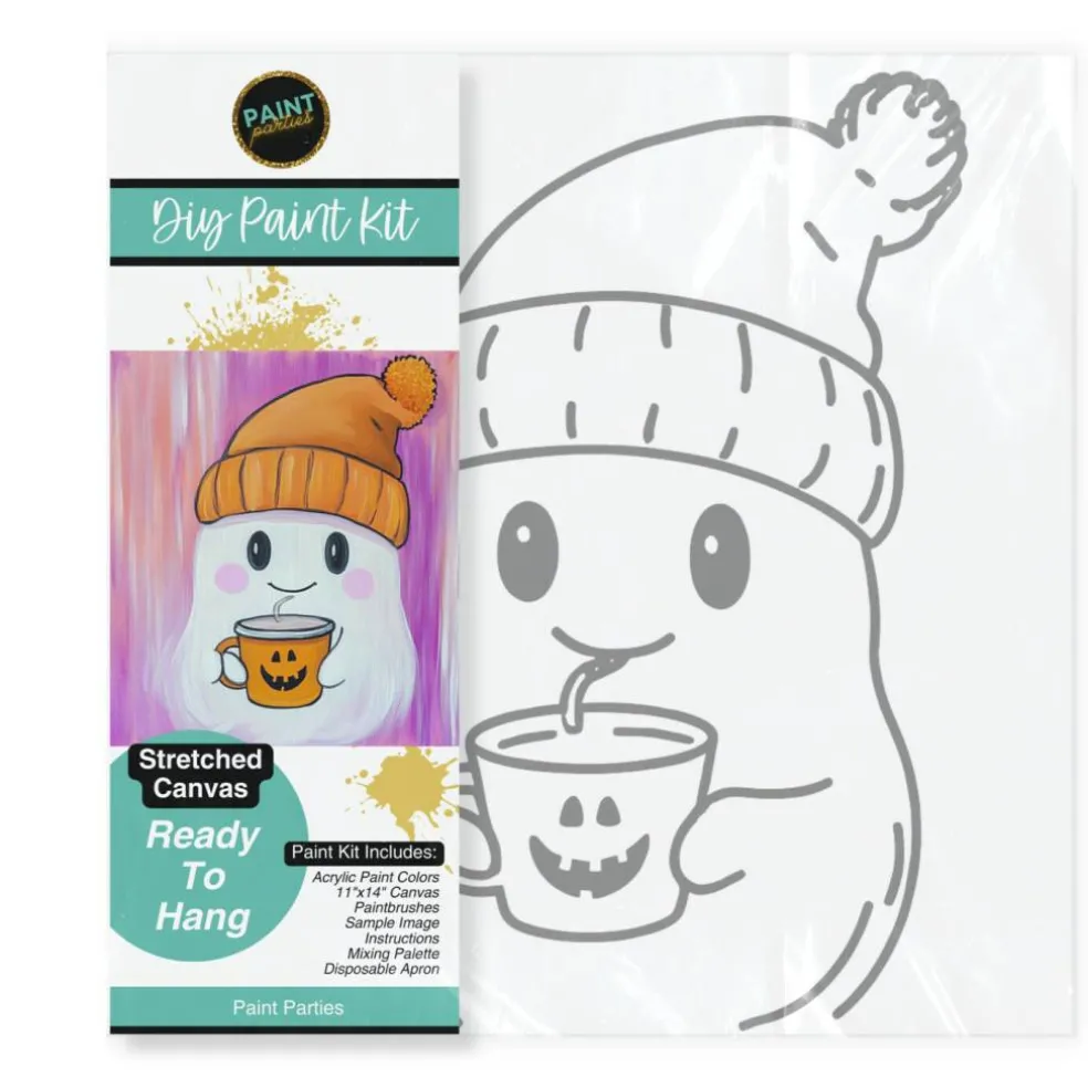 "Pumpkin Cup Ghost" DIY Canvas Art Kit, Adult Beginner, Acrylic Paint Size 11x14 inch