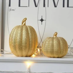 Pumpkin Fall Decor Indoor, 2 Pcs Gold Resin Pumpkins with Woven Texture, Elegant Faux Pumpkin Figurines for Thanksgiving Autumn Harvest Table Centerpiece, Mantel, Shelf & Home Decor