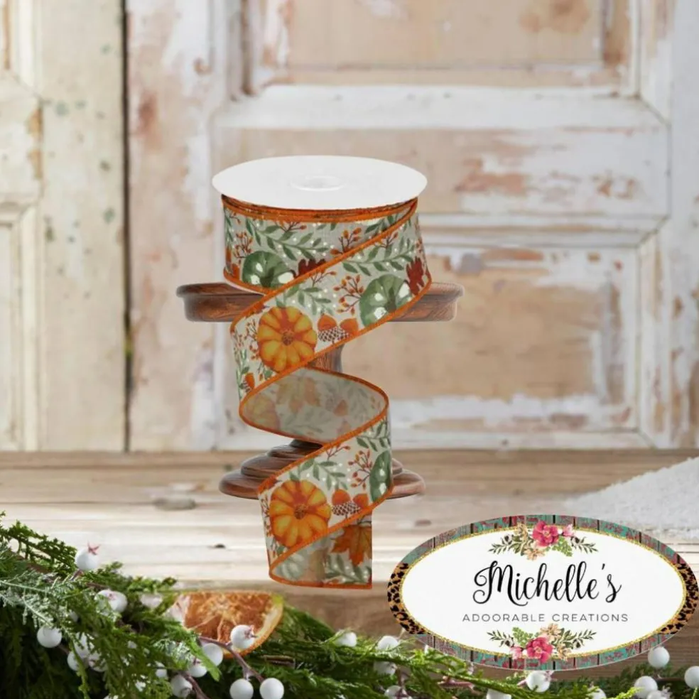 1.5" Pumpkin Foliage Ribbon: Light Natural (10 Yards)