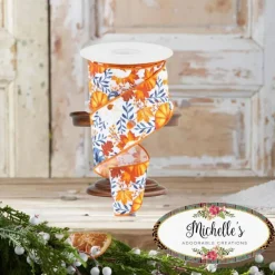 2.5" Pumpkin Foliage Ribbon: White/Navy (10 Yards)