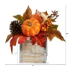 8" Pumpkin, Gourd, Berries & Pinecones Autumn Arrangement In Natural Washed Vase