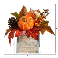 8" Pumpkin, Gourd, Berries & Pinecones Autumn Arrangement In Natural Washed Vase