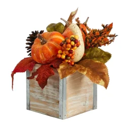 8" Pumpkin, Gourd, Berries & Pinecones Autumn Arrangement In Natural Washed Vase