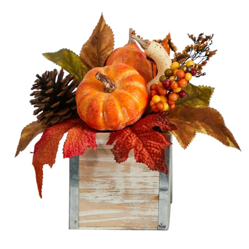 8" Pumpkin, Gourd, Berries & Pinecones Autumn Arrangement In Natural Washed Vase
