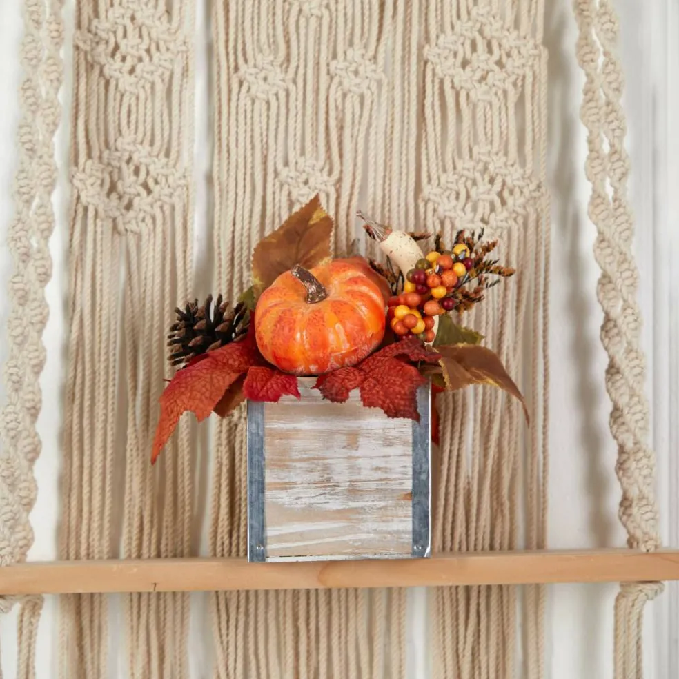 8" Pumpkin, Gourd, Berries & Pinecones Autumn Arrangement In Natural Washed Vase