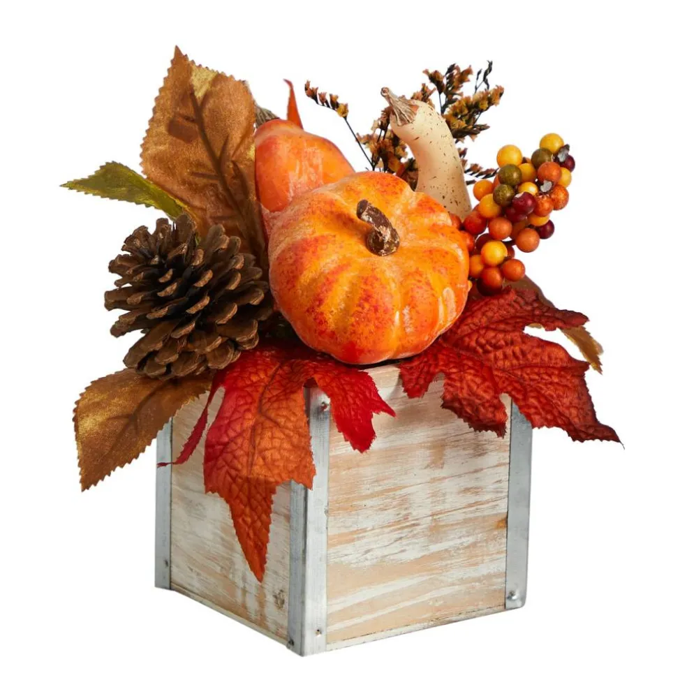 8" Pumpkin, Gourd, Berries & Pinecones Autumn Arrangement In Natural Washed Vase