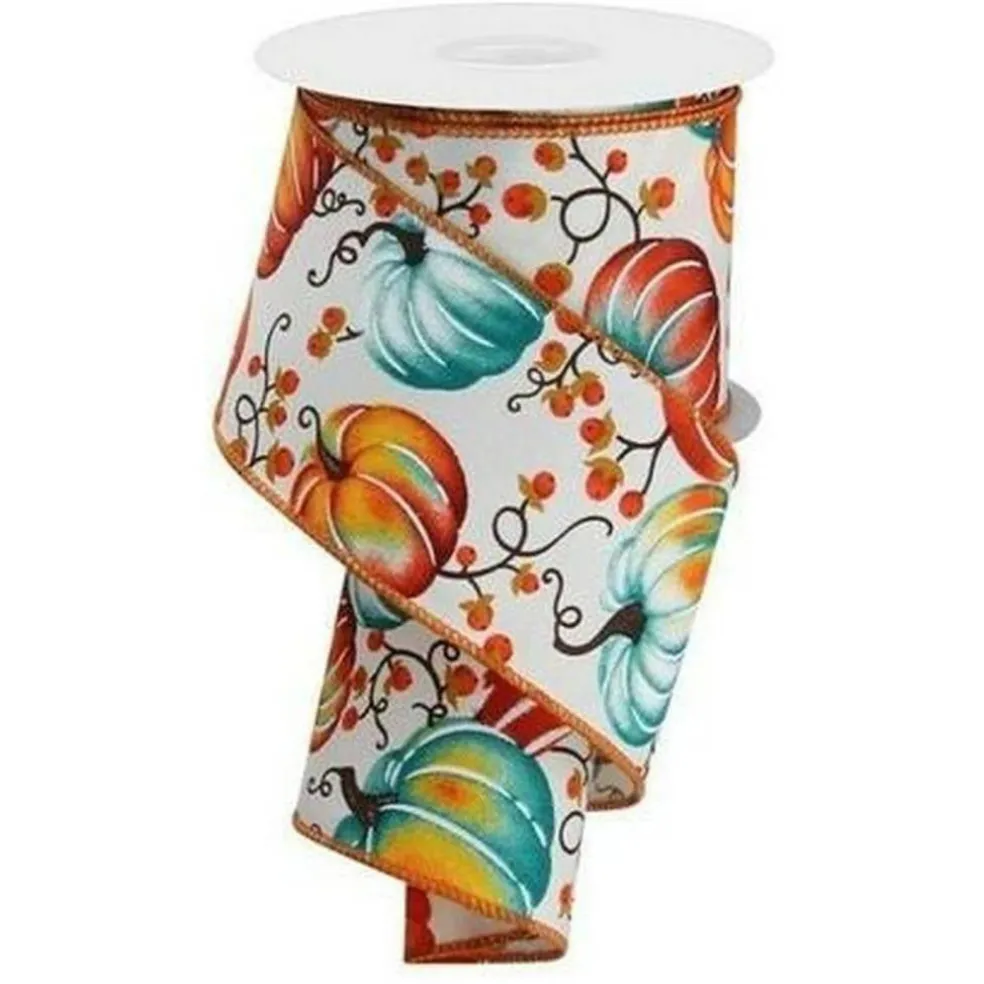 2.5" Pumpkins Bittersweet Ribbon: Ivory/Teal/Rust