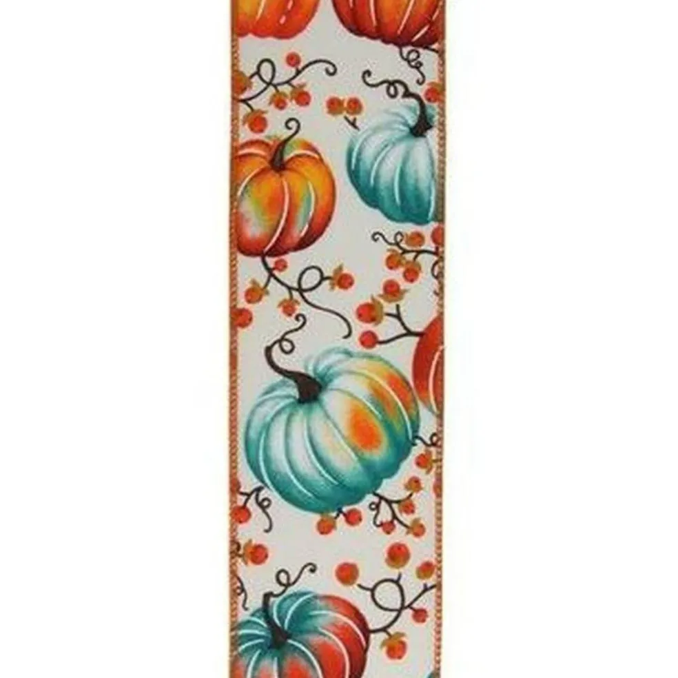 2.5" Pumpkins Bittersweet Ribbon: Ivory/Teal/Rust