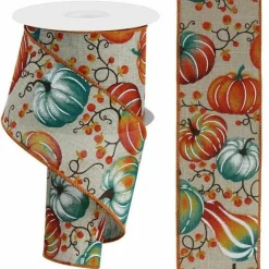 2.5" Pumpkins Bittersweet Ribbon: Light Natural/Teal (10 Yards)