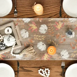 Pumpkins Maple Leaves Brown Wood Fall Table Runner, Seasonal Autumn Kitchen Dining Table Decoration for Home Party Decor 13x72 Inch