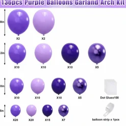 Purple Balloon Garland Arch Kit 136 Pcs, Light Purple Dark Purple Metallic Chrome Balloons with Garland Strip & Glue Dots, Assorted Size Latex Balloons for Birthday, Graduation, Baby Shower and Party Decor