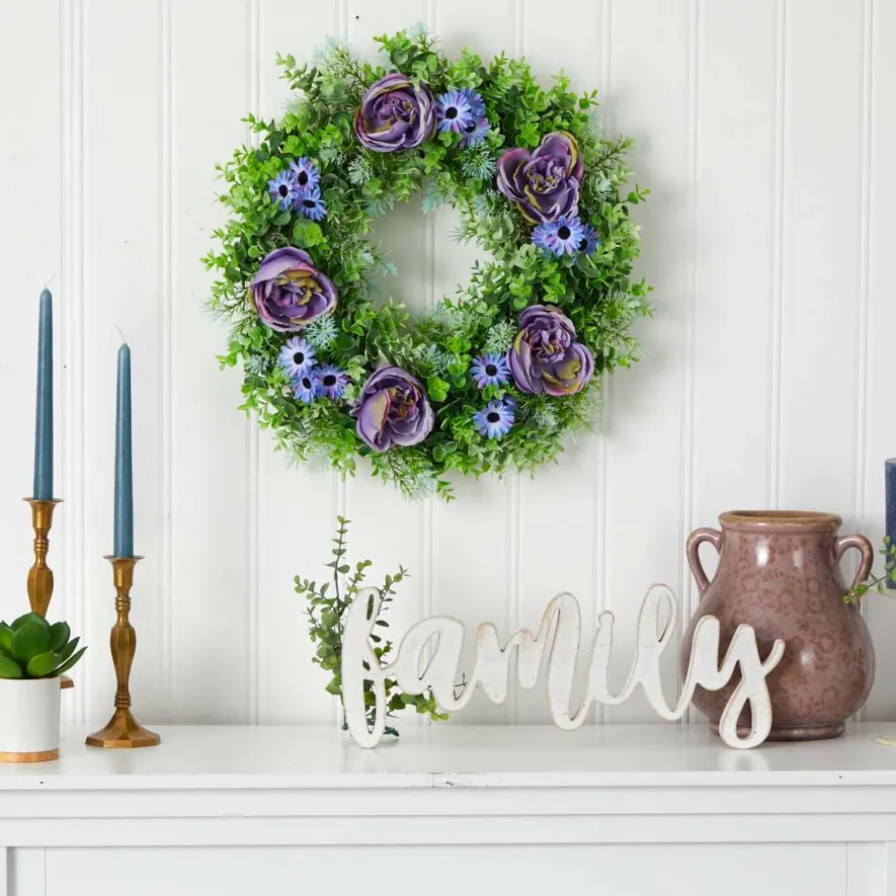 22" Purple Rose, Blue Daisy & Greens Wreath