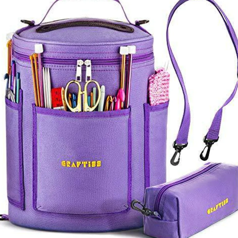 Purple Yarn Storage Bag - Tote Yarn Bag, Durable Knitting and Crochet Organizer with Needle Case