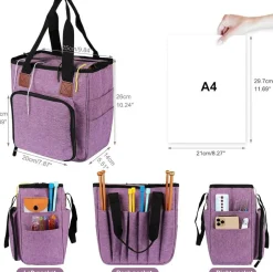 Purple Yarn Storage Tote with Shoulder Strap - Durable 600D Oxford Crochet & Knitting Bag with Grommets & Pockets