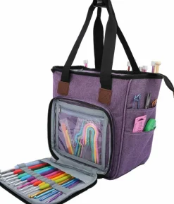 Purple Yarn Storage Tote with Shoulder Strap - Durable 600D Oxford Crochet & Knitting Bag with Grommets & Pockets