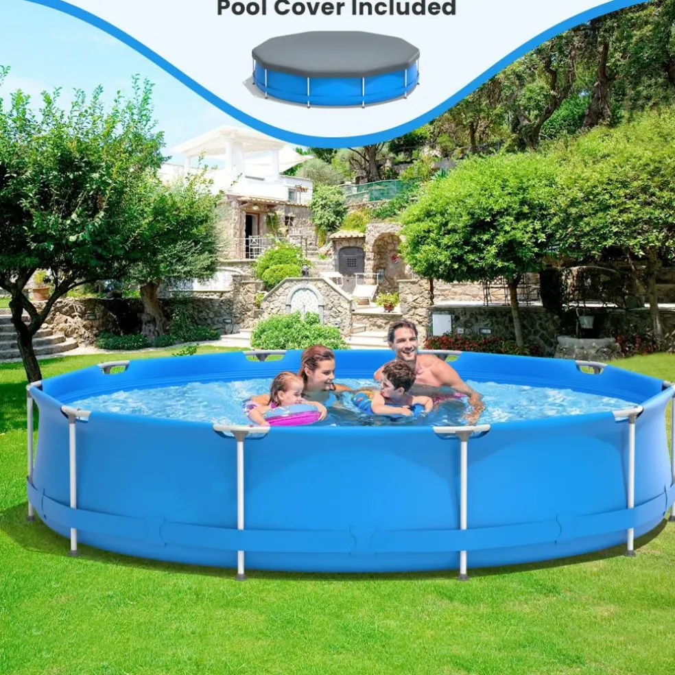 PVC Round Above Ground Pool with Pool Cover for Kids and Adults