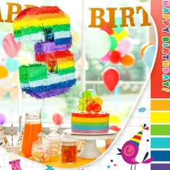 Rainbow Number Piñata Multicolor Number Piñata Small Kids Birthday Party with Blindfold Stick and Confetti for Birthday Anniversary Cinco De Mayo Fiesta Party Decor(Number 3)