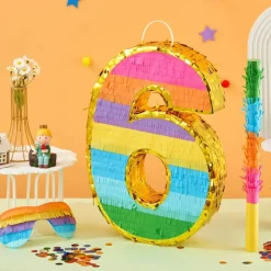 Rainbow Number 6 Pinata for 6th Birthday Party Decorations, Colorful Fiesta Pinata with Stick Blindfold and Confetti, Kids Birthday Party Supplies, Anniversary Celebration Games, Fun Party Favor
