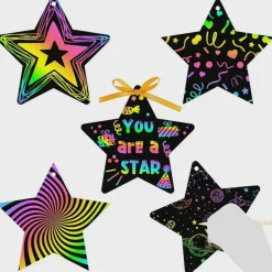 Rainbow Star Scratch Art Kit with Wooden Styluses & Ribbons, 5", 24 Pack