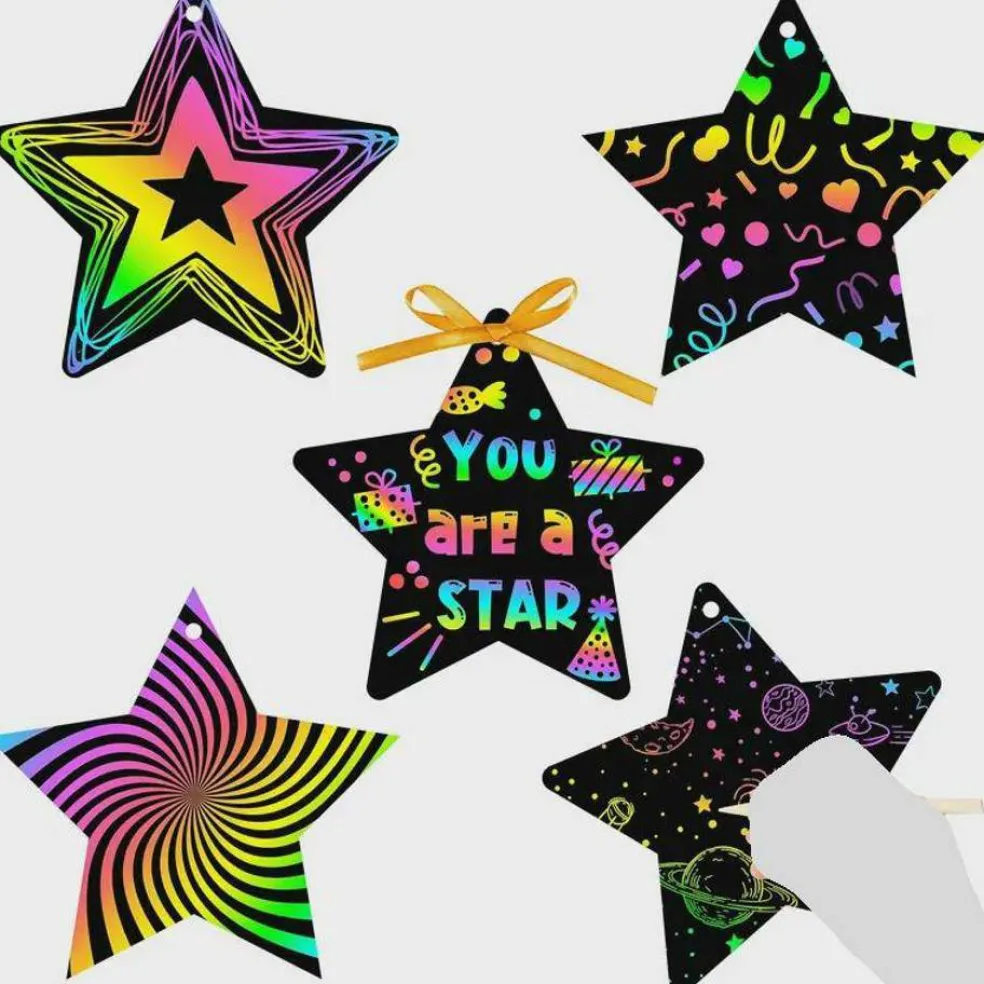 Rainbow Star Scratch Art Kit with Wooden Styluses & Ribbons, 5", 24 Pack