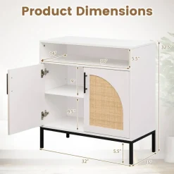 Rattan Door Buffet Cabinet Sideboard Storage Unit with Adjustable Shelf Kitchen Dining Room Credenza Boho Style Coffee Bar Organizer Furniture