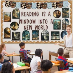 Reading Bulletin Board Set – “Reading is a Window Into a New World” Fairy Theme Classroom Decorations with Window Cutouts, World Map Borders & Inspirational Reading Wall Decor for School, Library, and Home