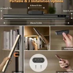 Rechargeable Magnetic LED Light Bar with Remote, Under Cabinet Lighting Wireless, Battery Powered Operated Wall Strip Lights, Dimmable Desk Lamp for Mirror Closet Picture Kitchen – Black