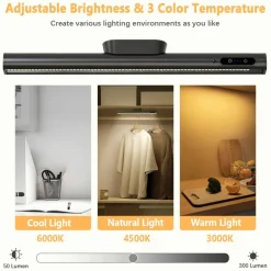 Rechargeable Magnetic LED Light Bar with Remote, Under Cabinet Lighting Wireless, Battery Powered Operated Wall Strip Lights, Dimmable Desk Lamp for Mirror Closet Picture Kitchen – Black