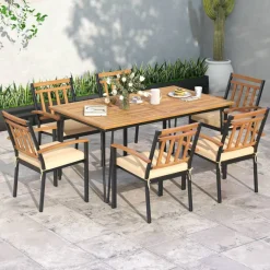 Rectangular Outdoor Dining Table for 6 People with Acacia Wood Tabletop and Umbrella Hole